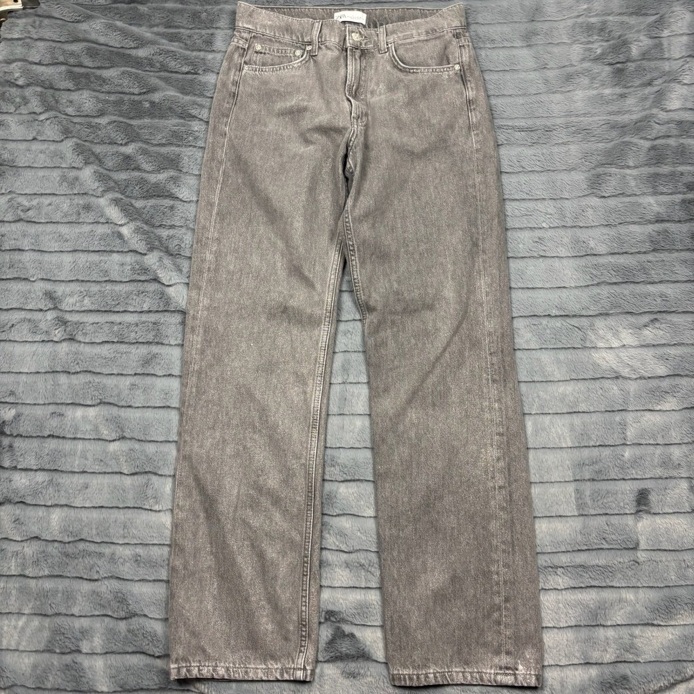 Zara Metallic Silver Coated Grey High Rise Straight Leg Jeans Womens 4 26 9592